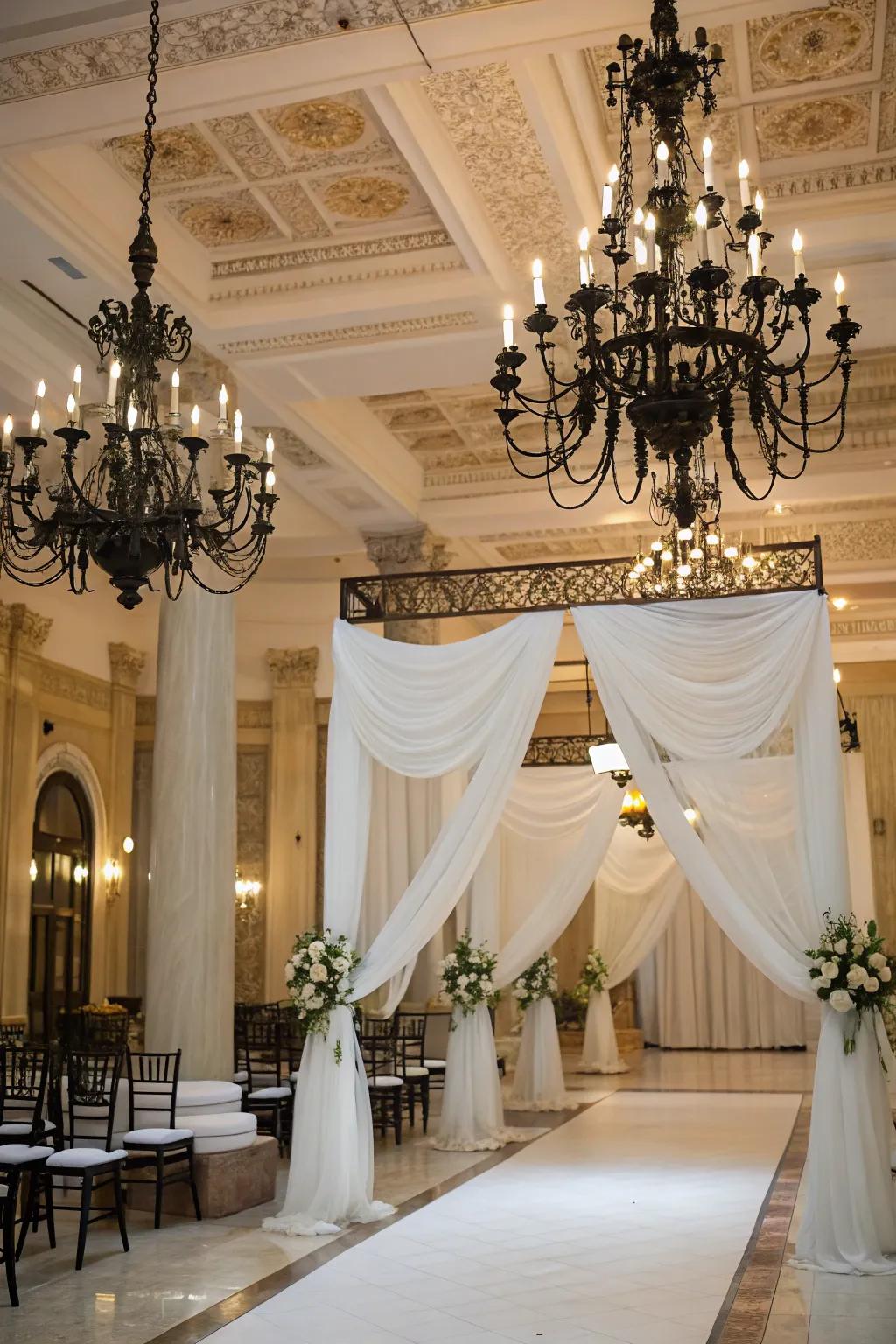 Ebony chandeliers add an elegant touch to a fashionable wedding venue.
