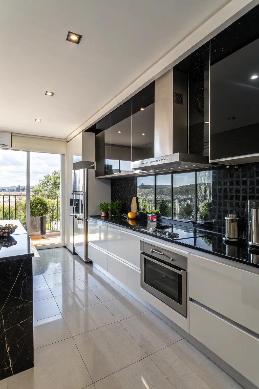 Ebony glossy tiles introduce glamour and light into this contemporary kitchen setting.