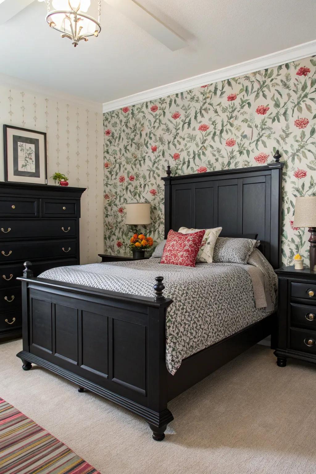 Themed wallpaper introduces depth and personality to this fashionable bedroom.