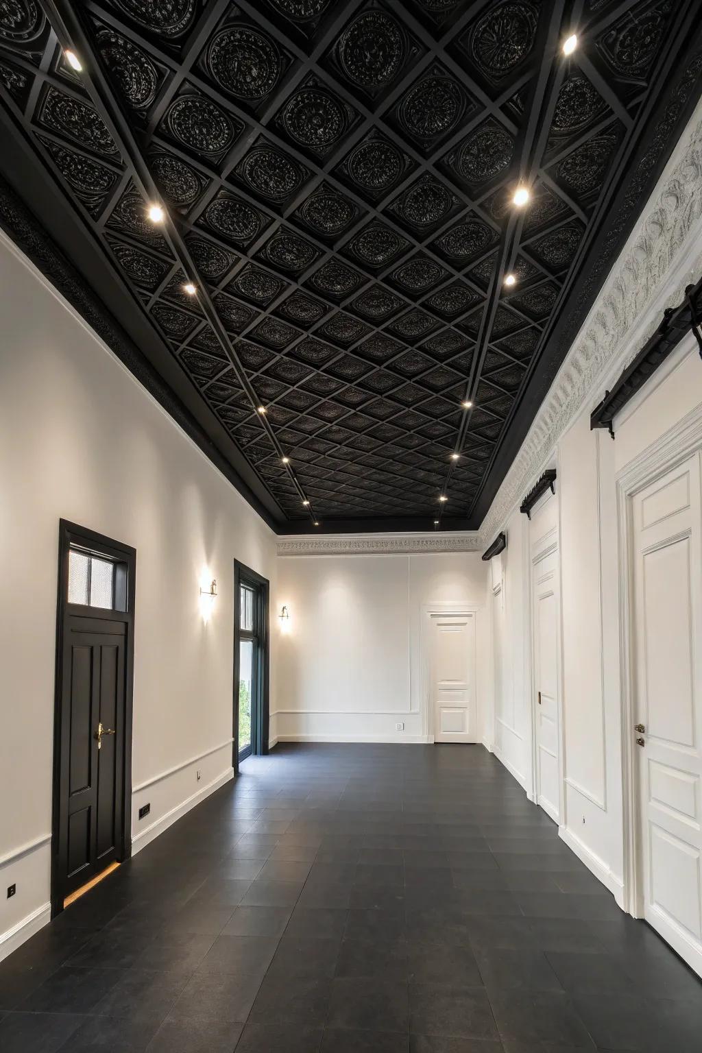 A room where a dark overhead stands out against white walls.