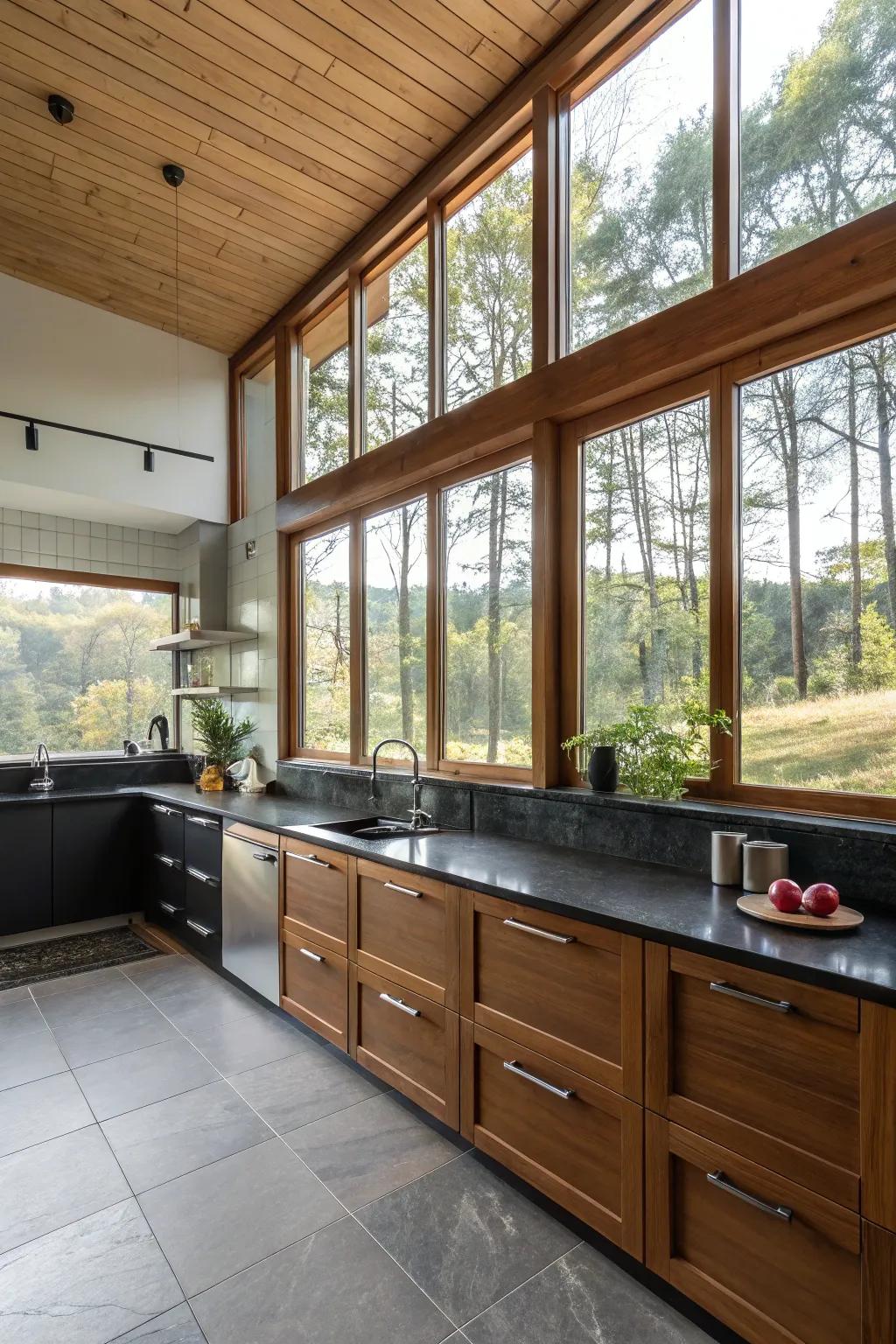 Natural light balances the dark tones of black countertops.