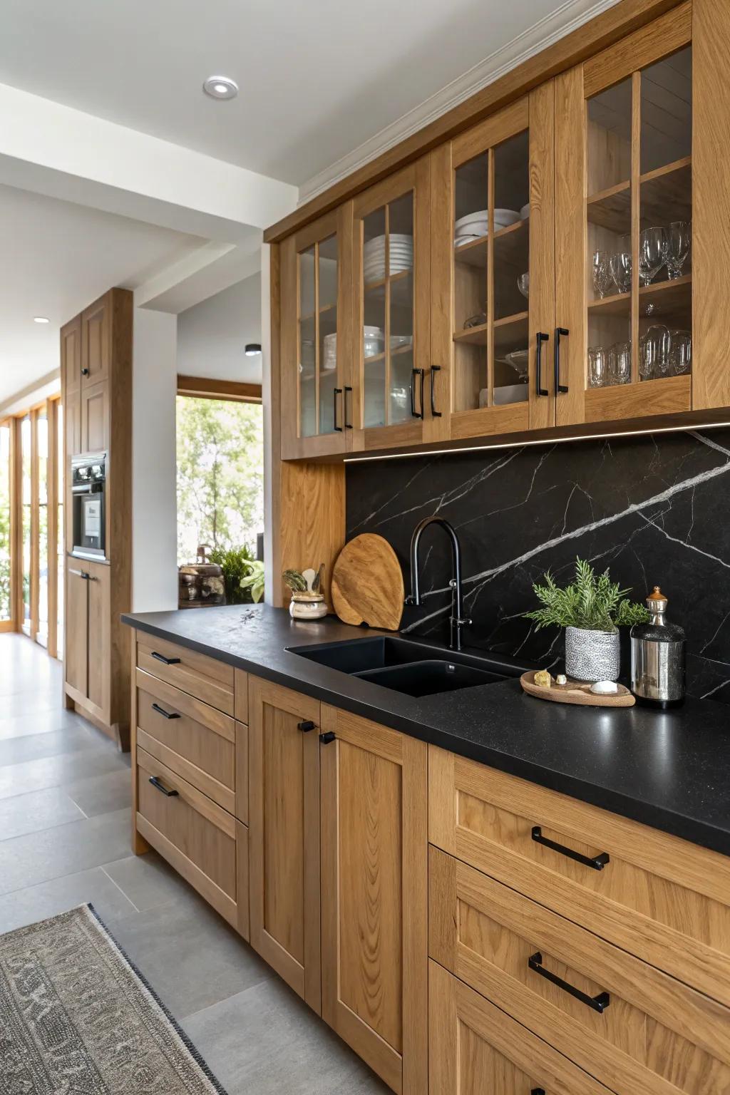 Lumber components paired alongside ebony worktops for friendliness.