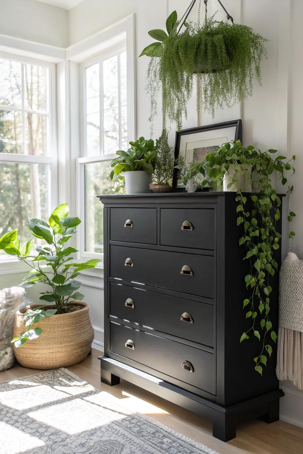 A dark wood dresser complemented by abundant greenery.