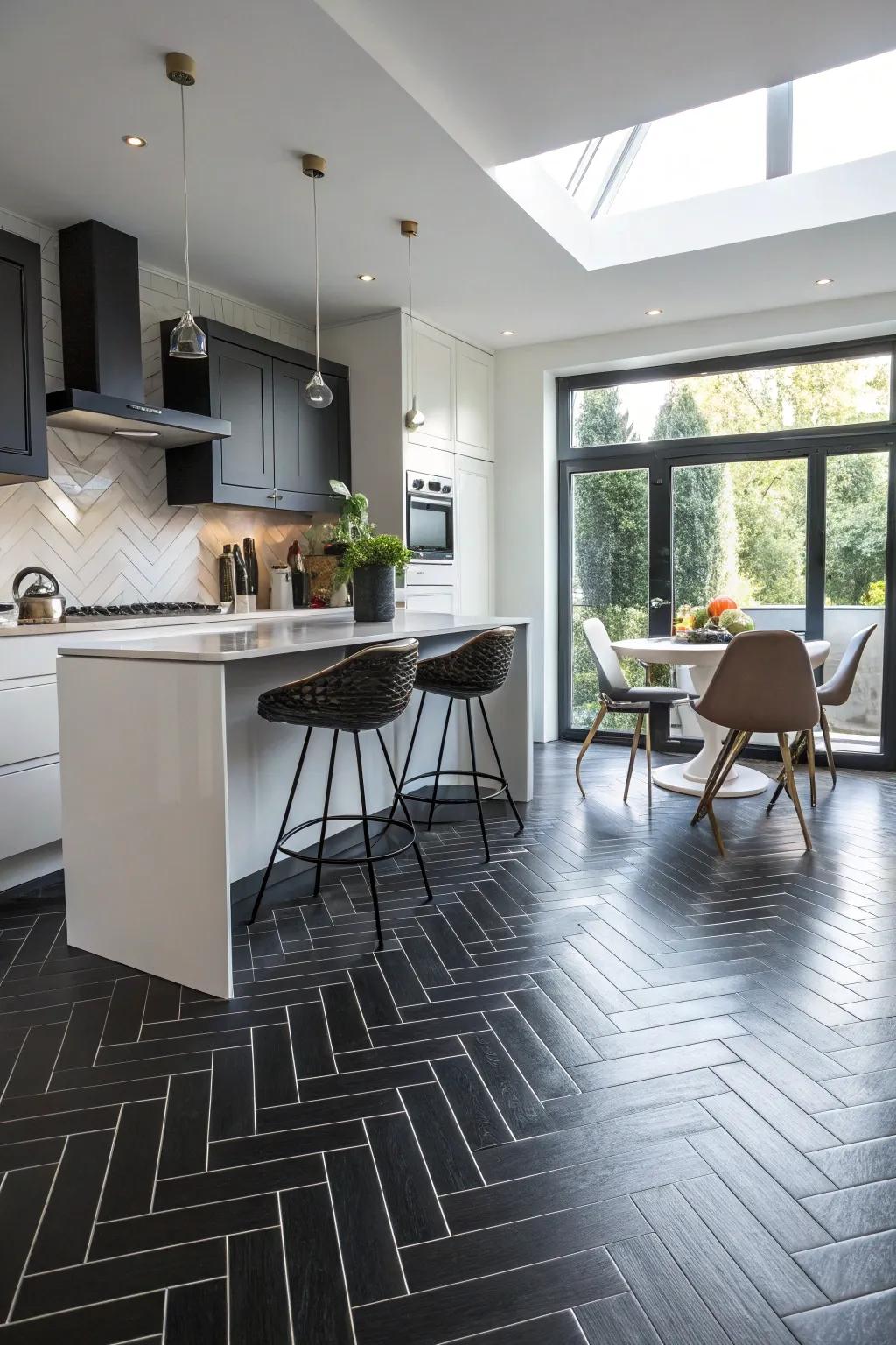 A kitchen presenting ebony herringbone motif floor tiles for additional visual intrigue.