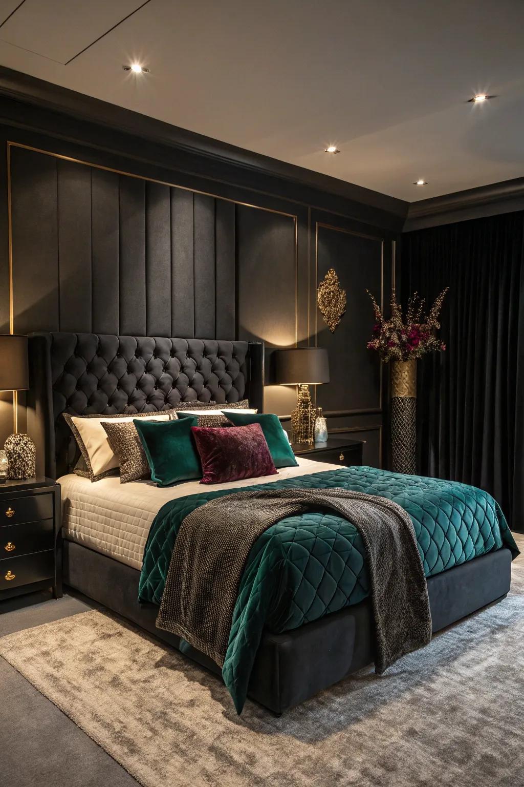 Stone tones infuse a charcoal bedroom with richness.