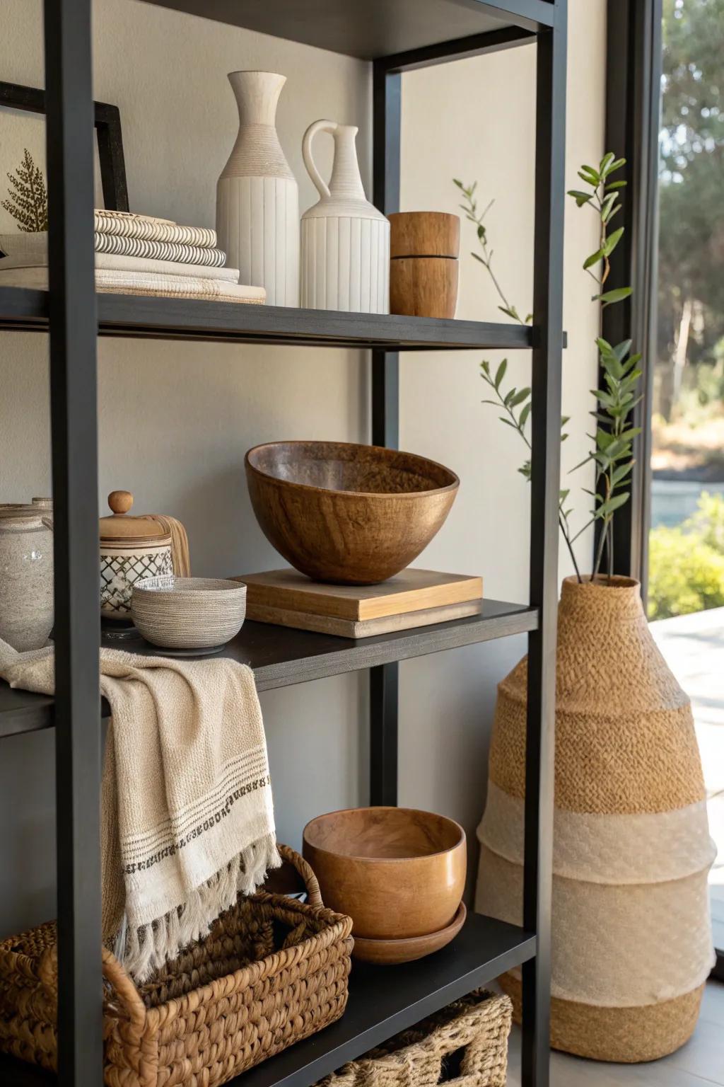 Unrefined textures and subdued shades delivering equilibrium on a dark-colored shelf.