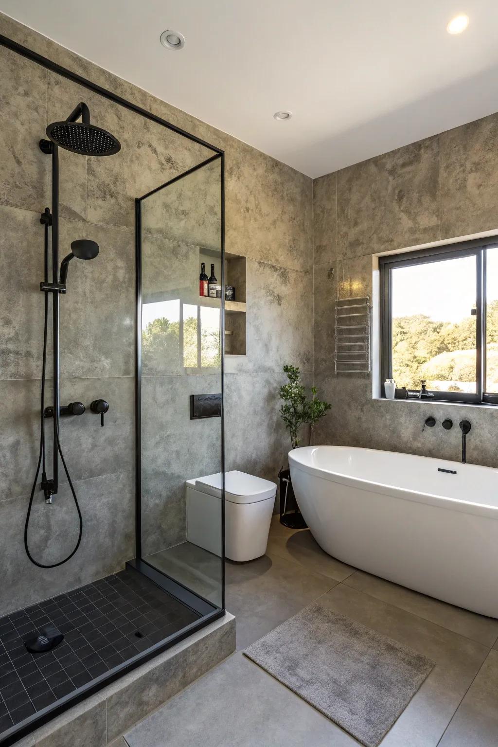 Textured gray walls add depth and elegance to this stylish bathroom.