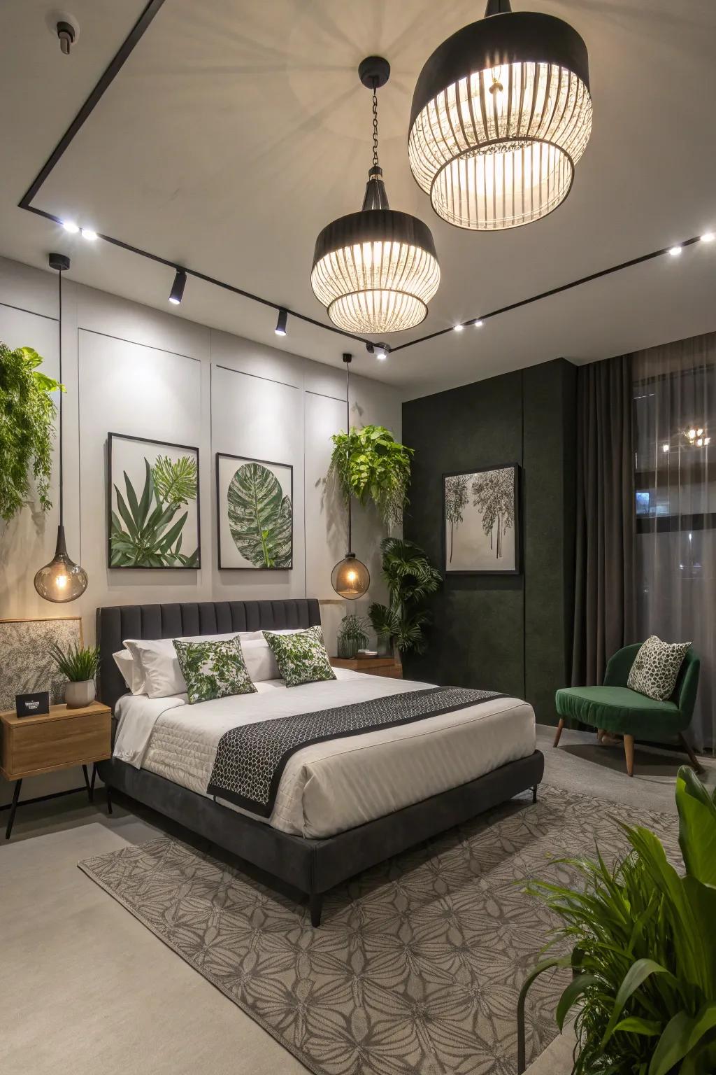 Streamlined illumination structures enhancing the room's modern sensation.