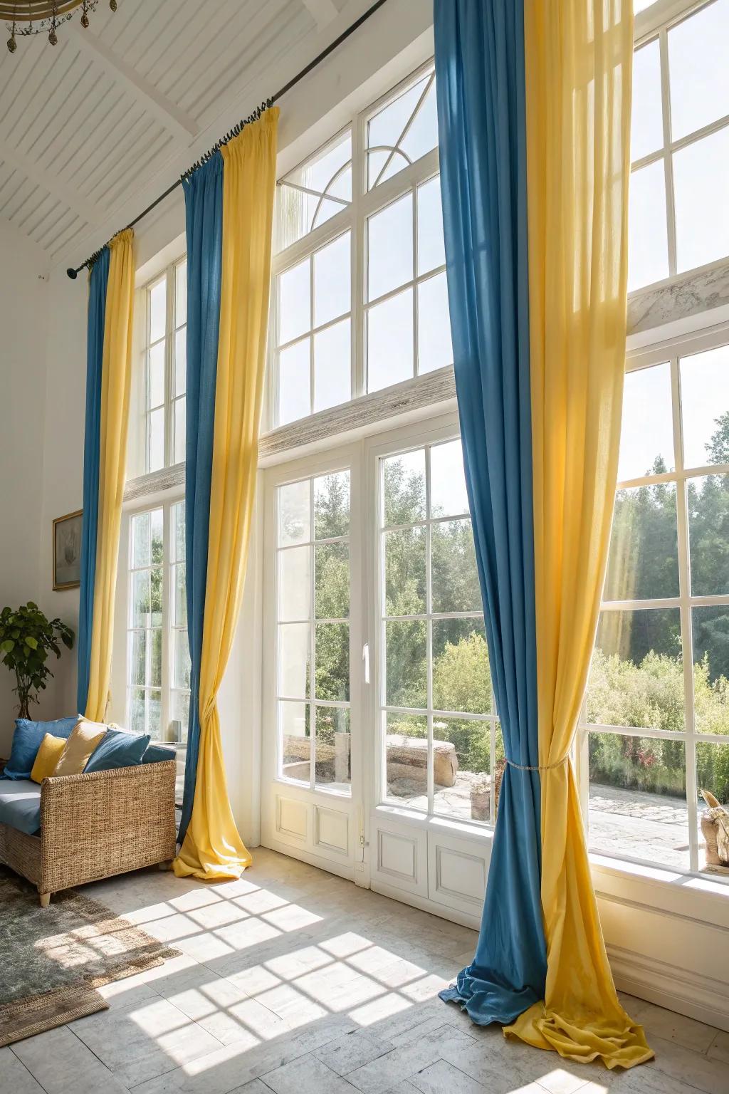 Windows enhanced with azure and gold window coverings to brighten the area.