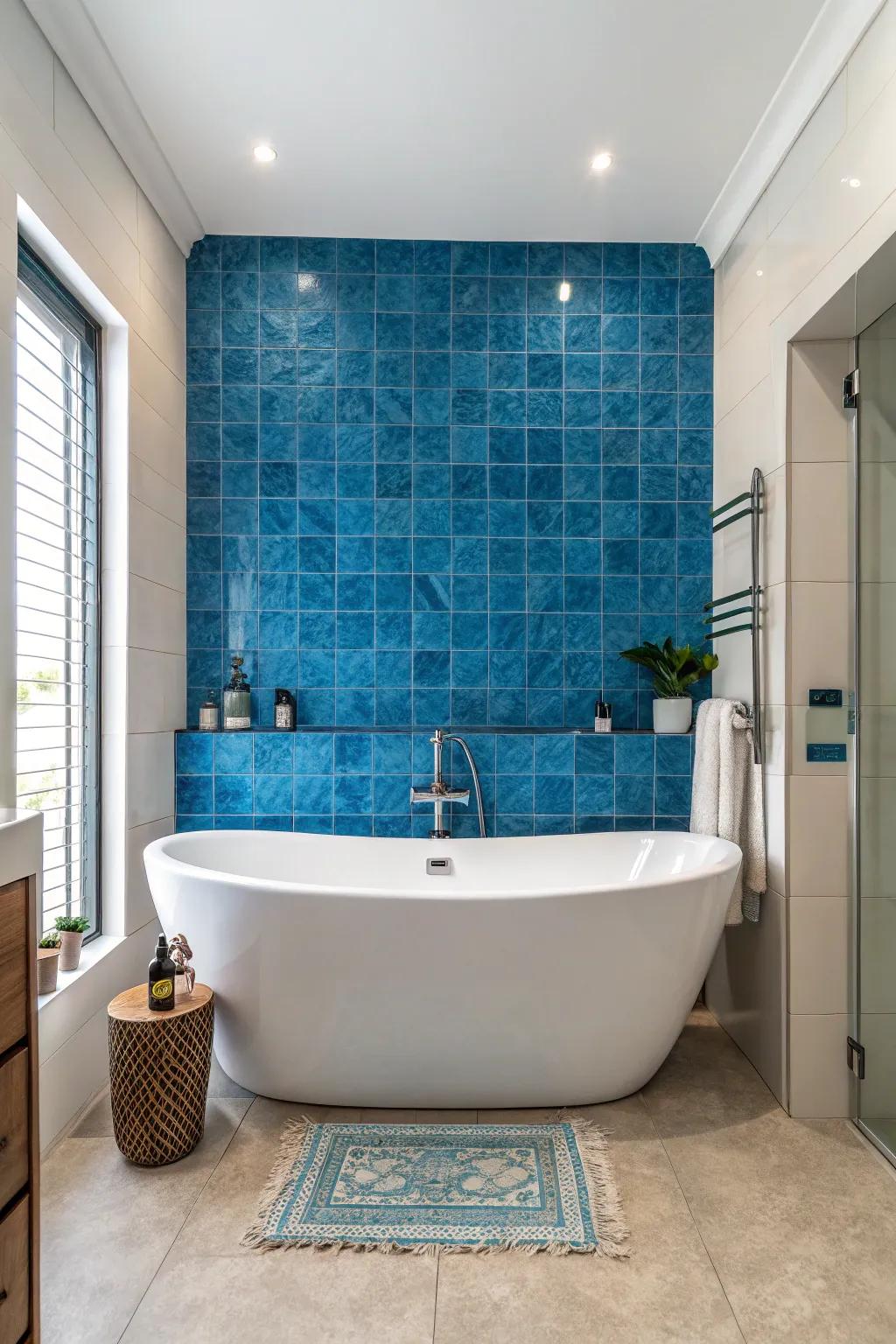 A bold blue feature wall creates a stunning focal point.