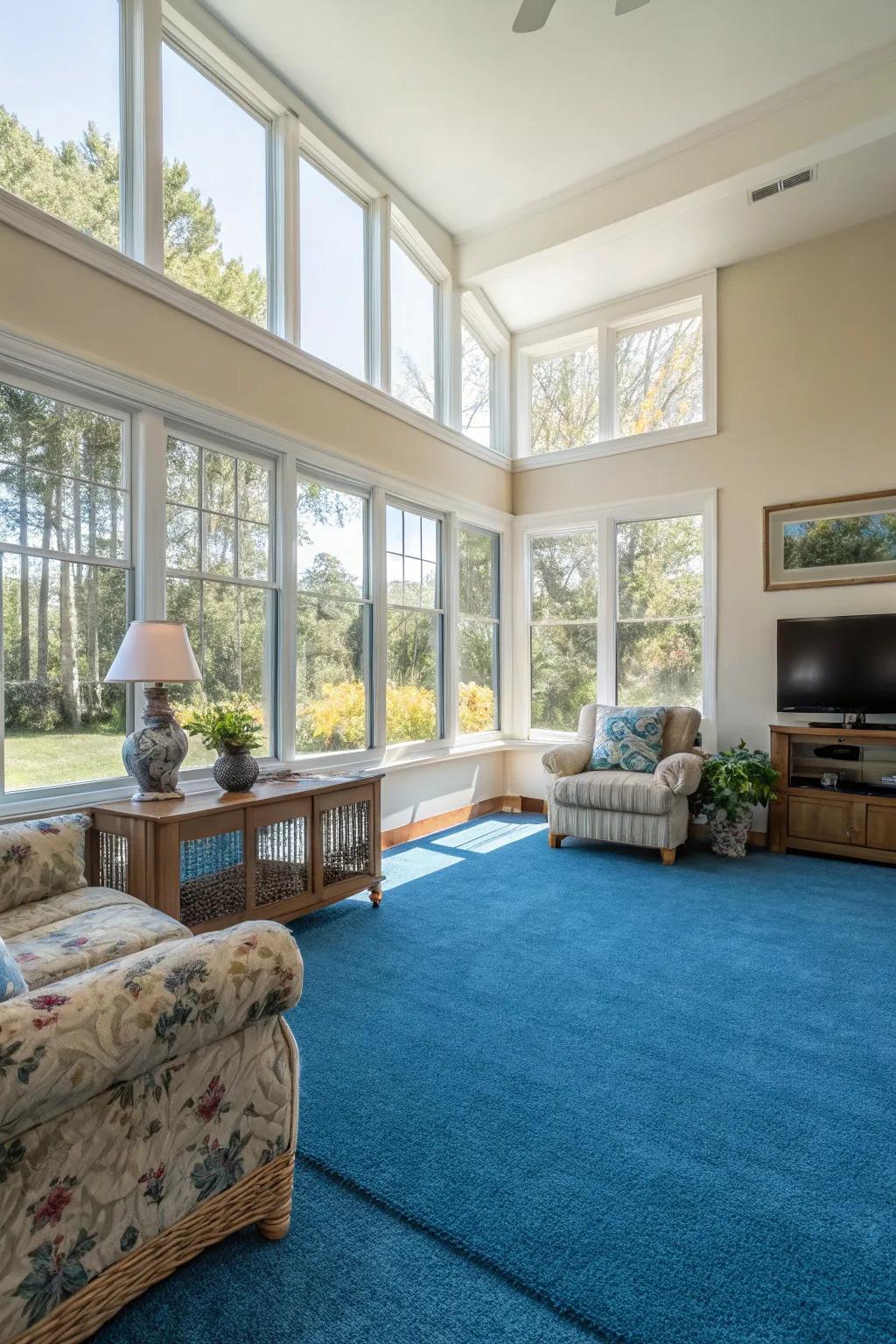 Natural light amplifies the beauty of a blue carpet in a bright, airy lounge.