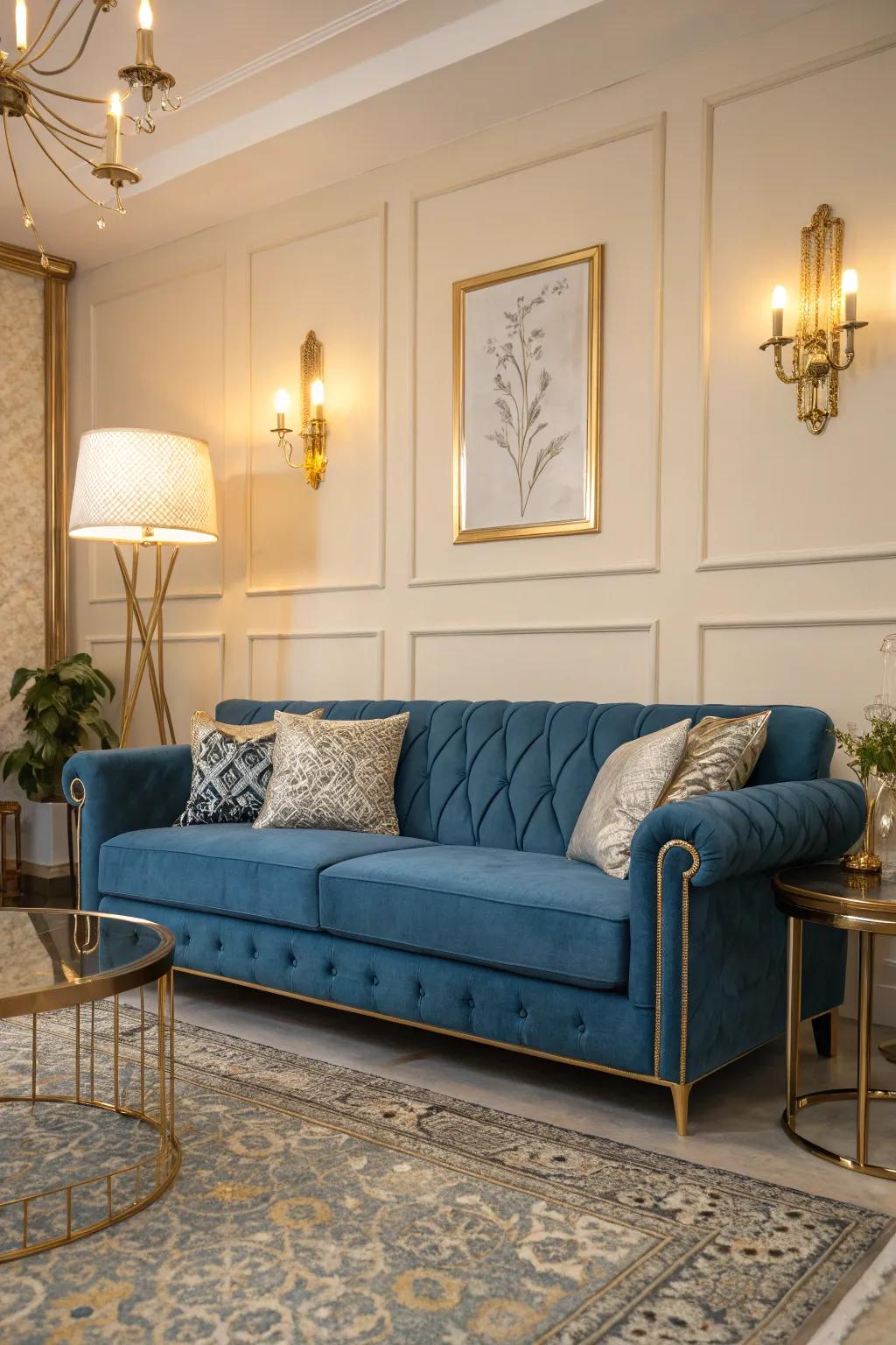 Metallic embellishments impart a luxurious ambiance to a sapphire settee setting.