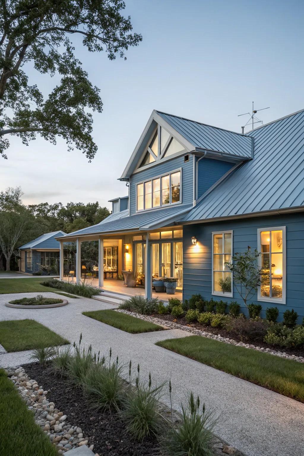 Metal roofing imparts a sleek touch to modern blue homes.