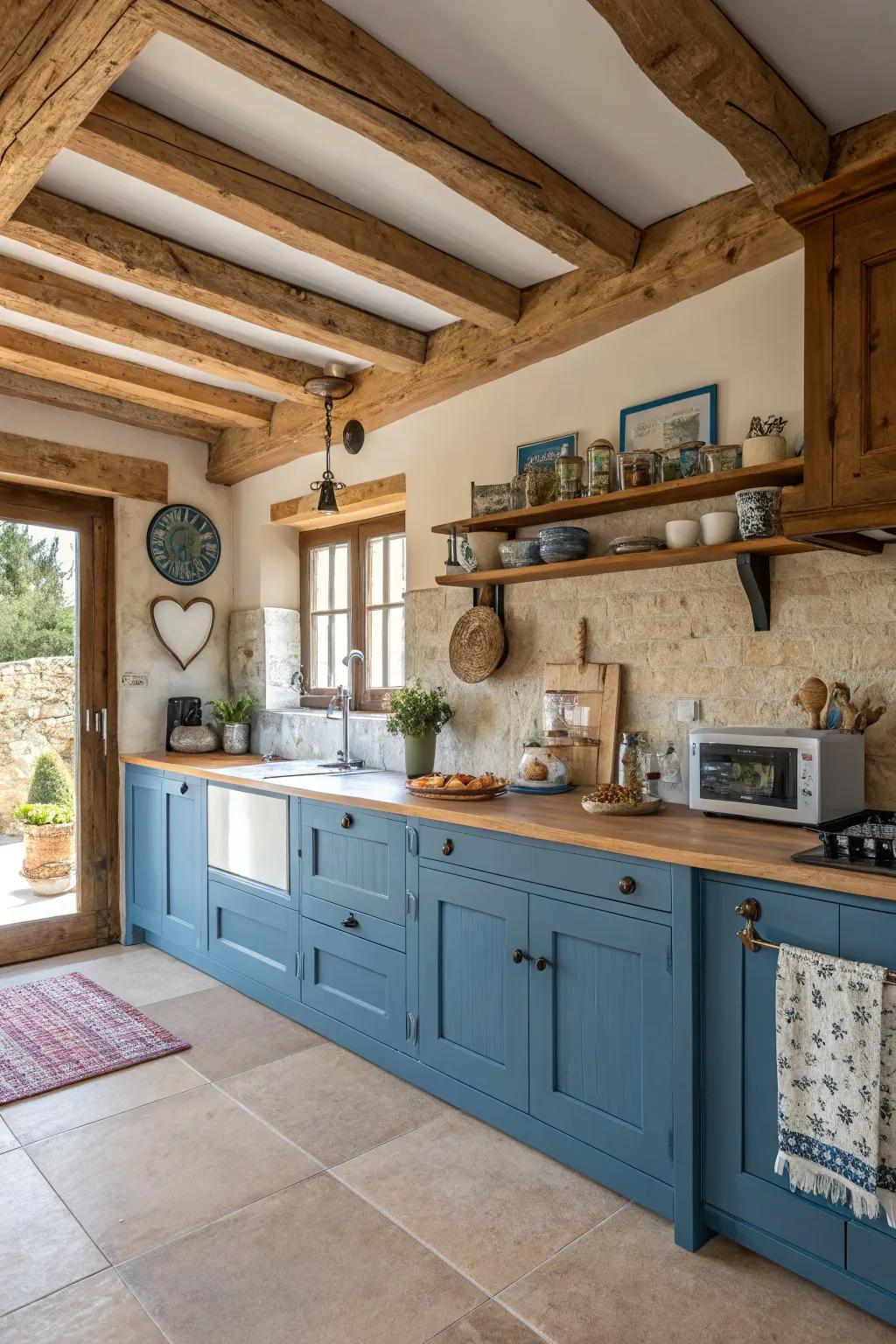 Azure cupboards coupled with timber aspects present a countryside charm that emanates both warmth and appeal.