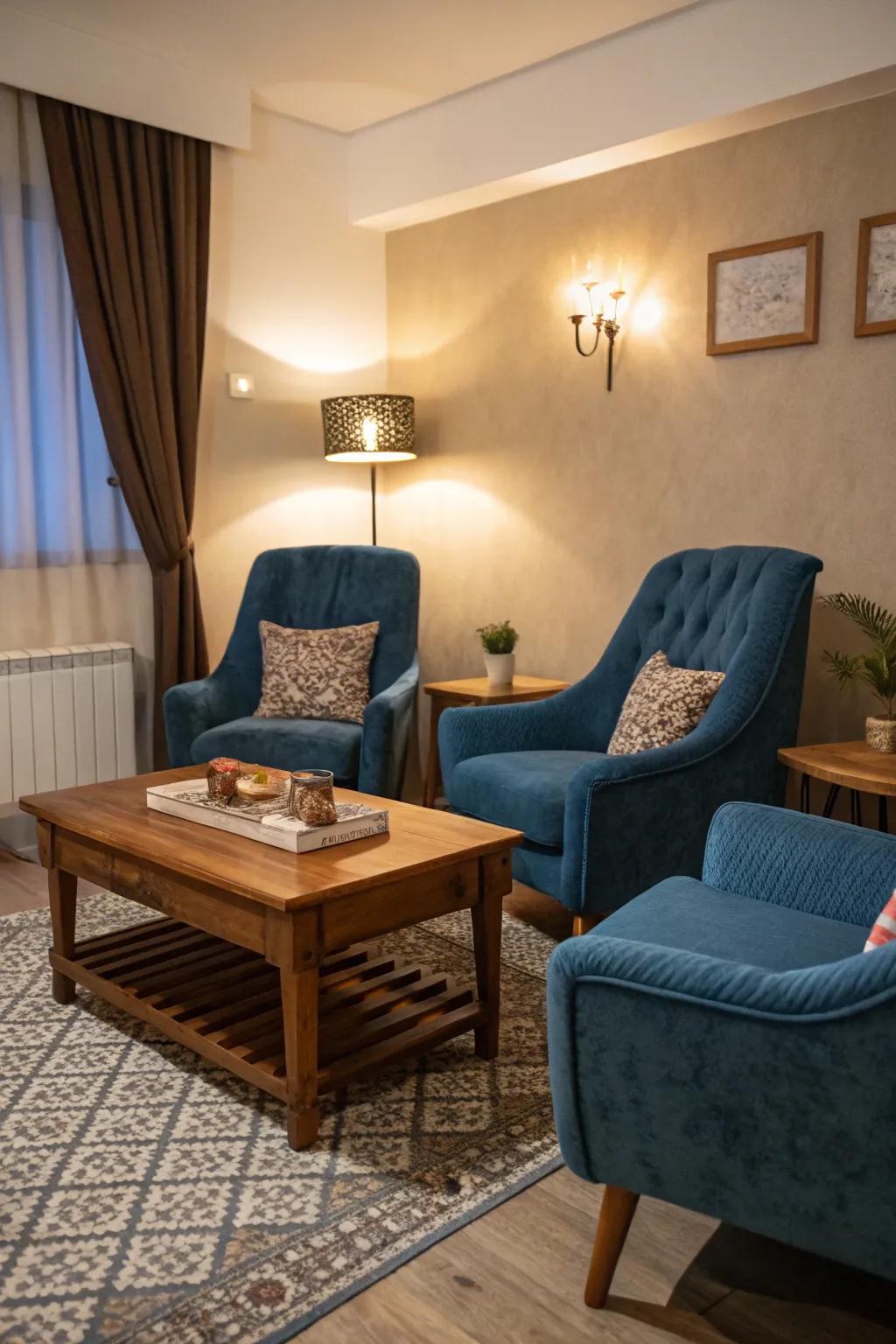 Blue velvet furnishings evoke a sense of luxury and coziness in this sophisticated living room.