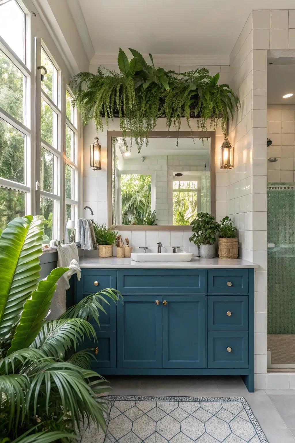 Greenery amplifies the soothing impact of a blue vanity.