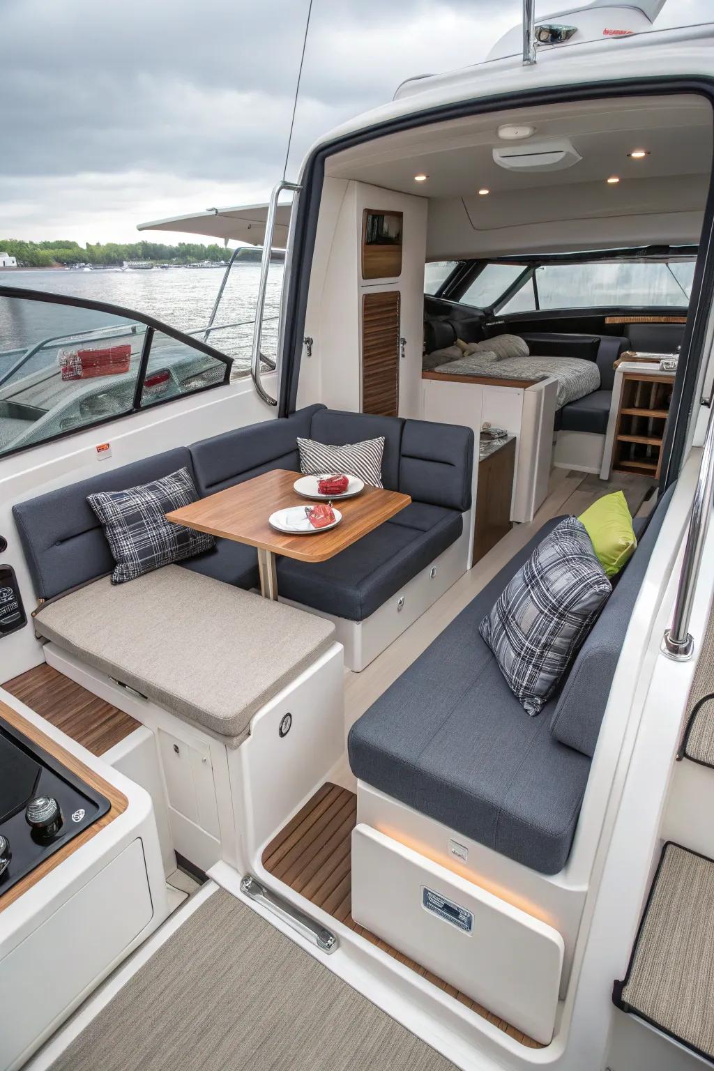 Efficient space usage through multi-functional furnishings for a streamlined boat interior.