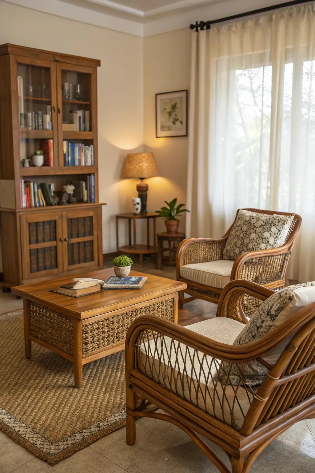 Natural materials impart warmth to a boho space.
