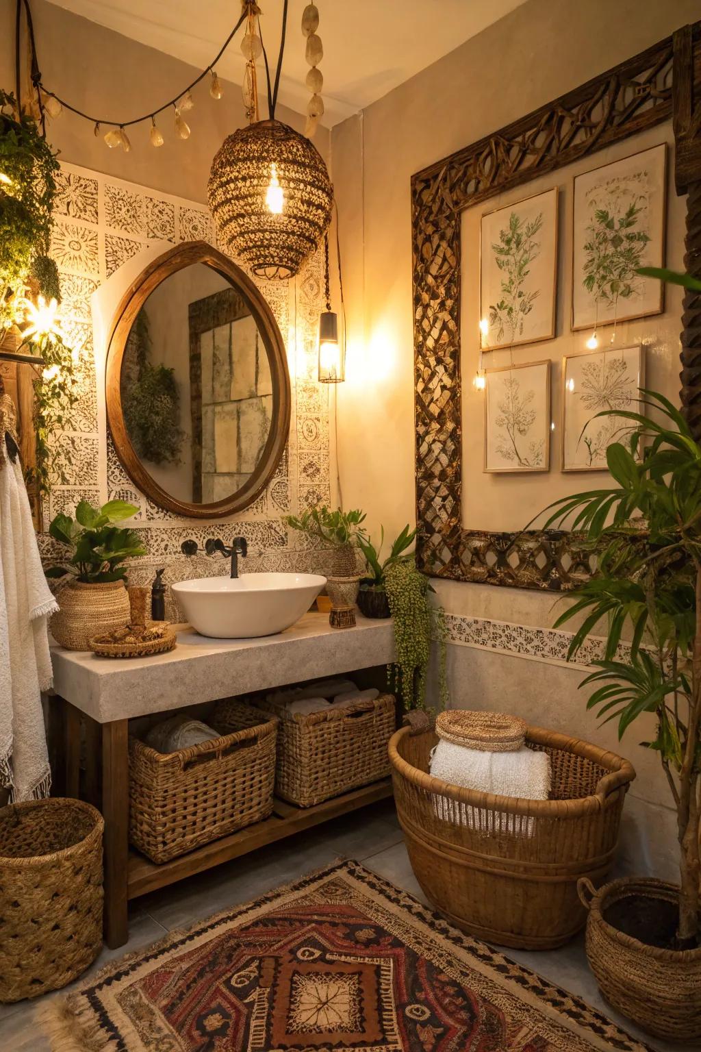 A boho bathroom featuring a stylish reflector.