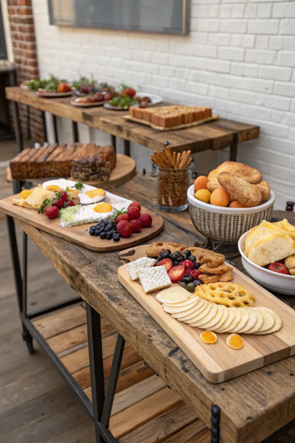 Rustic wooden pieces add warmth and texture to the boho brunch.
