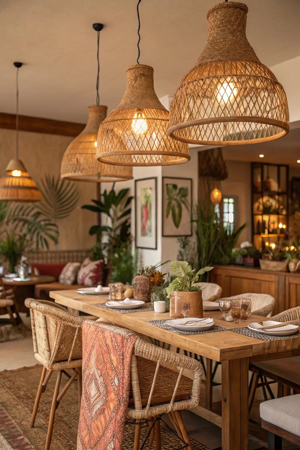 Natural hanging lights enhancing a boho dining space.