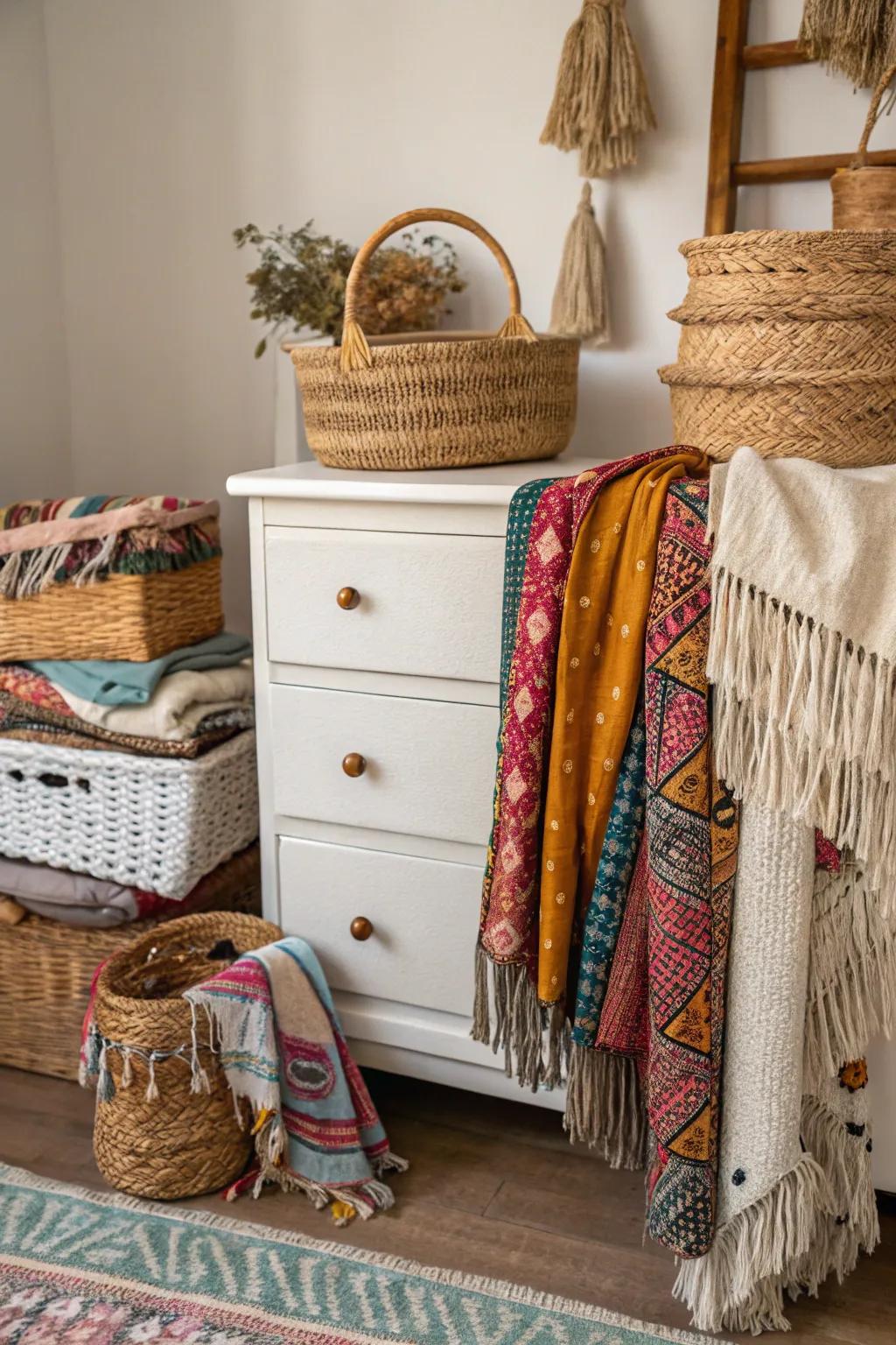 Layered fabrics infuse this boho dresser with warmth and depth.