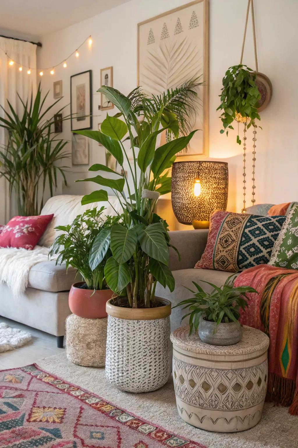 Abundant vegetation infuses vitality and freshness into the boho glam design.