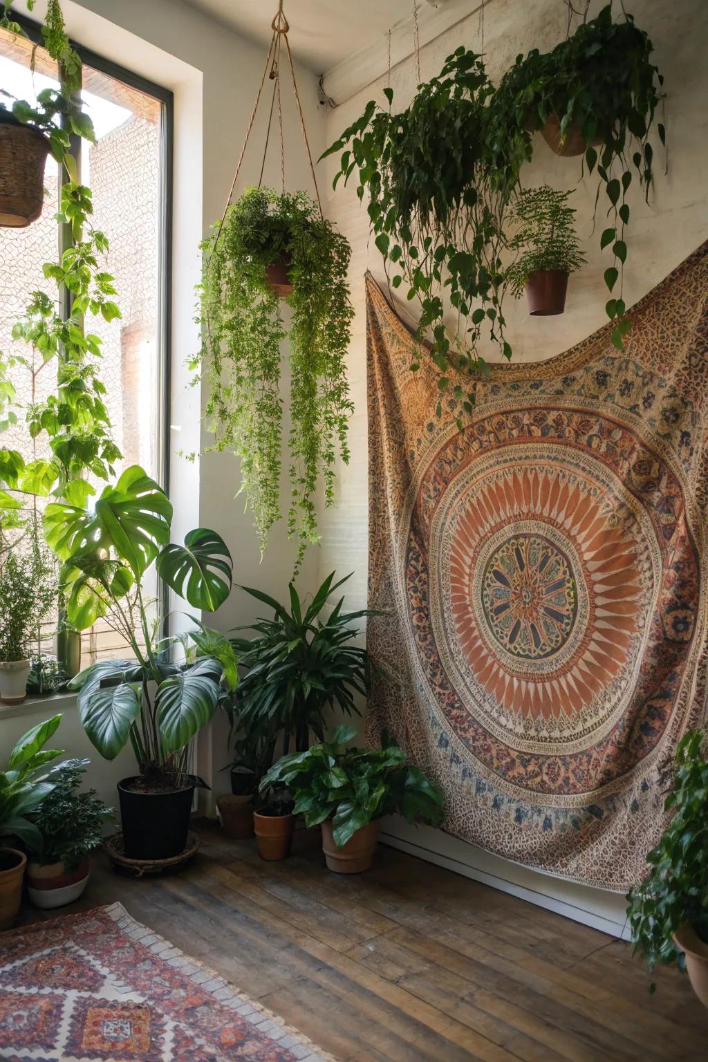 Mounted decor enriches the visual charm of the bohemian plant display.