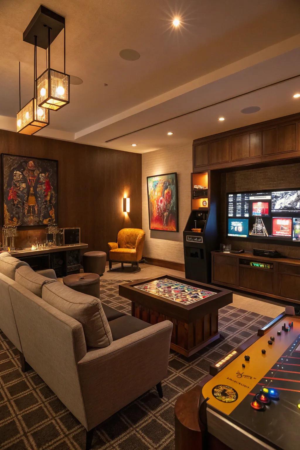 Ambient lighting sets the tone for a relaxing game room atmosphere.