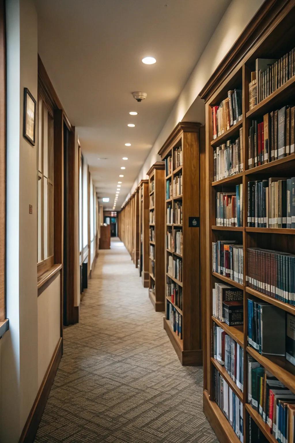 A hallway lined with bookshelves creates a literary passageway.