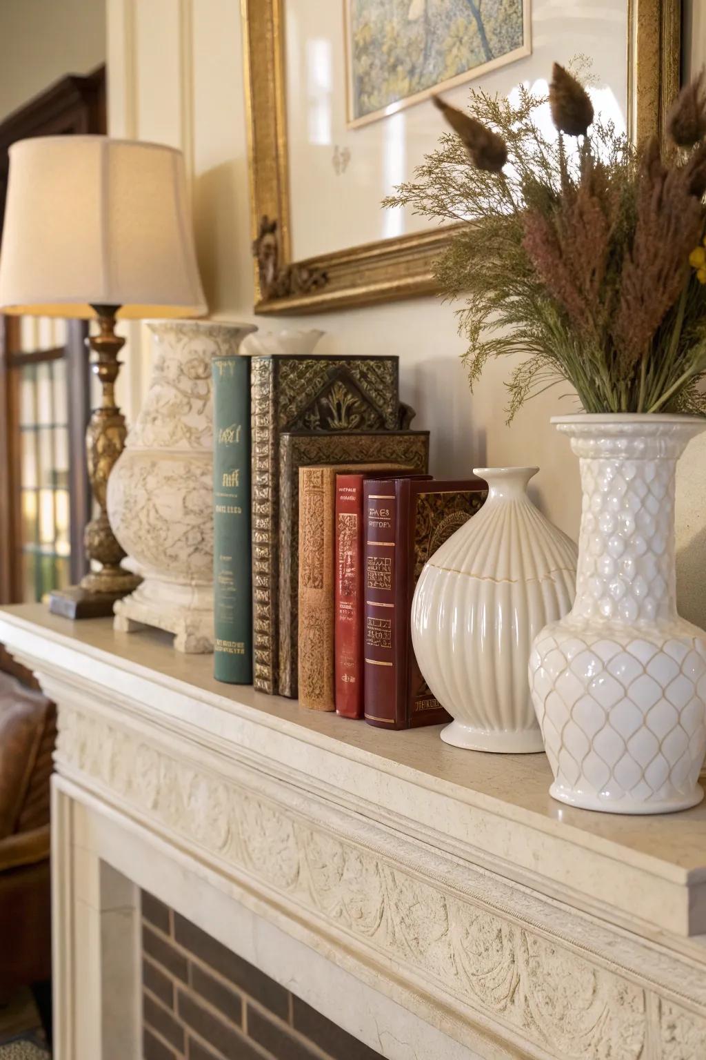 A variety of textures adds richness to the mantel arrangement.