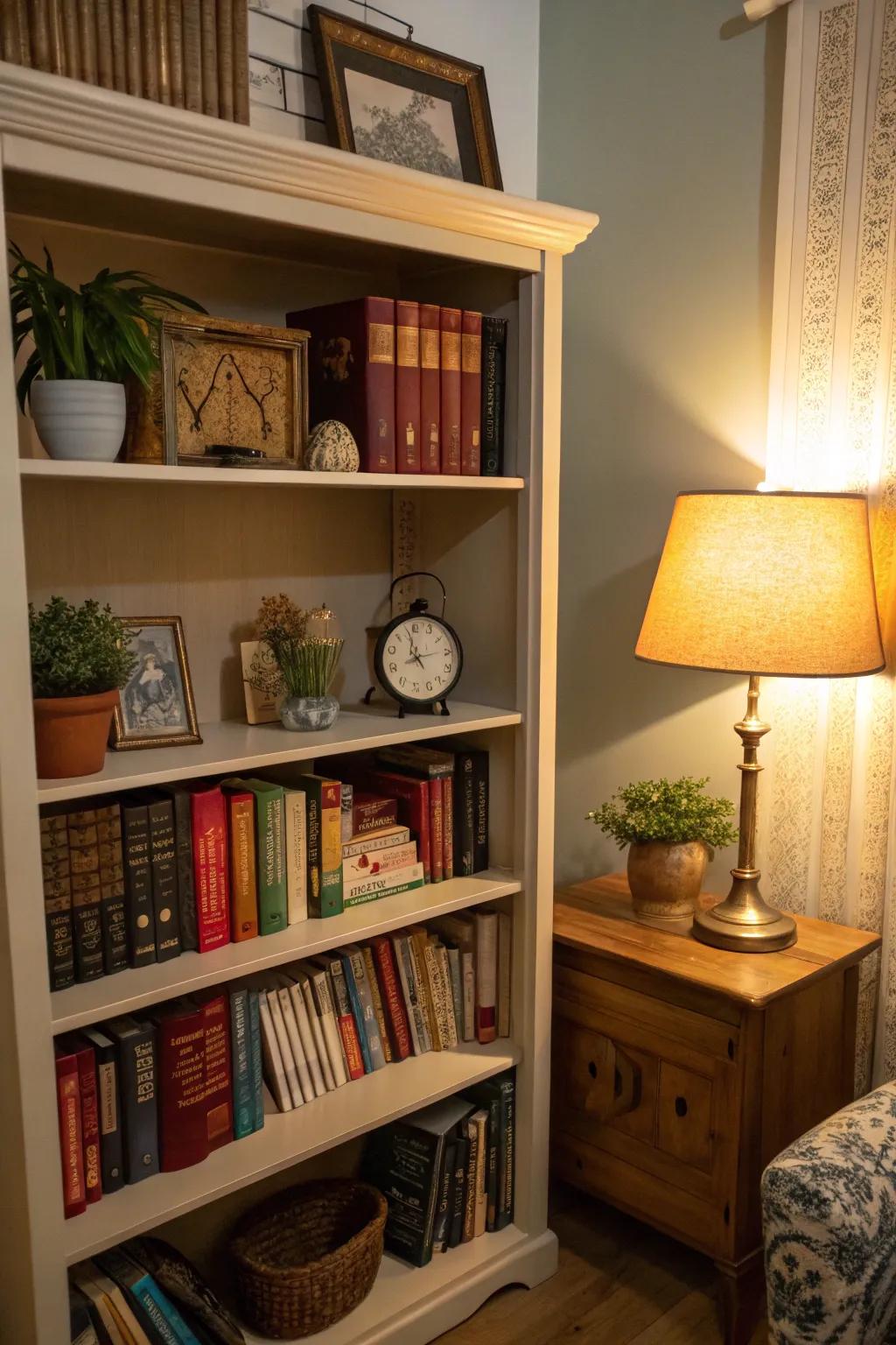 A comfortable ambiance is achieved with the inclusion of a small lamp on a shelf.