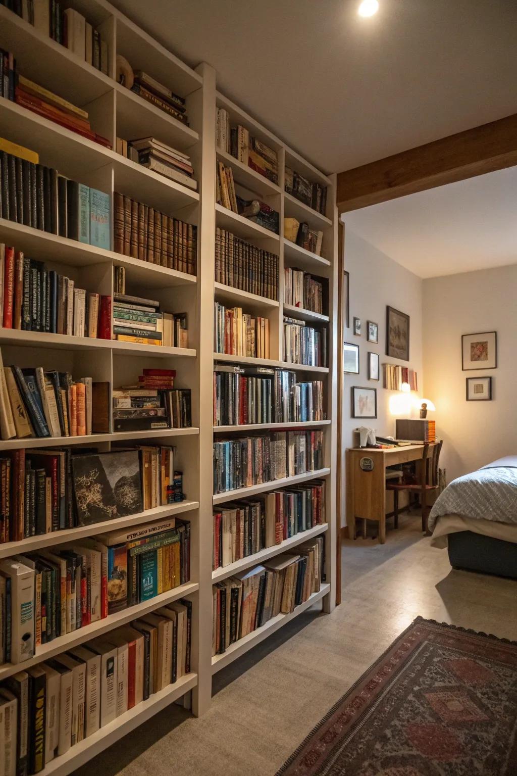 A bibliophile's dream with expansive wall-to-wall shelving.