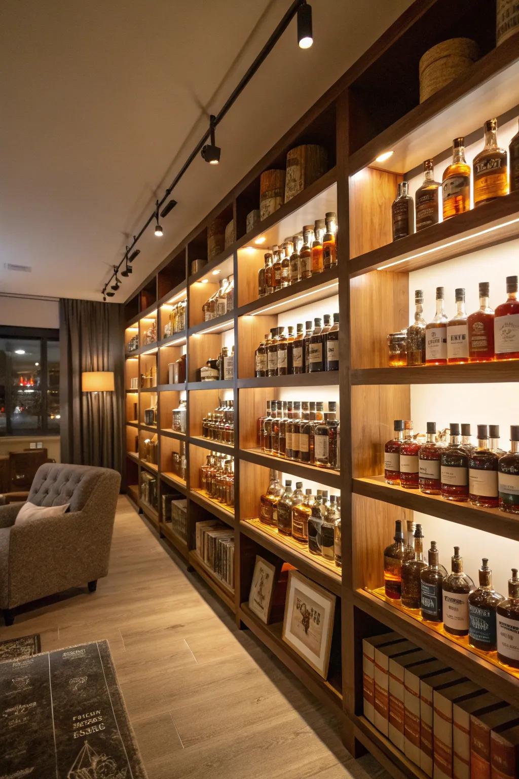 Bookcase-styled shelving offers a refined bourbon display.