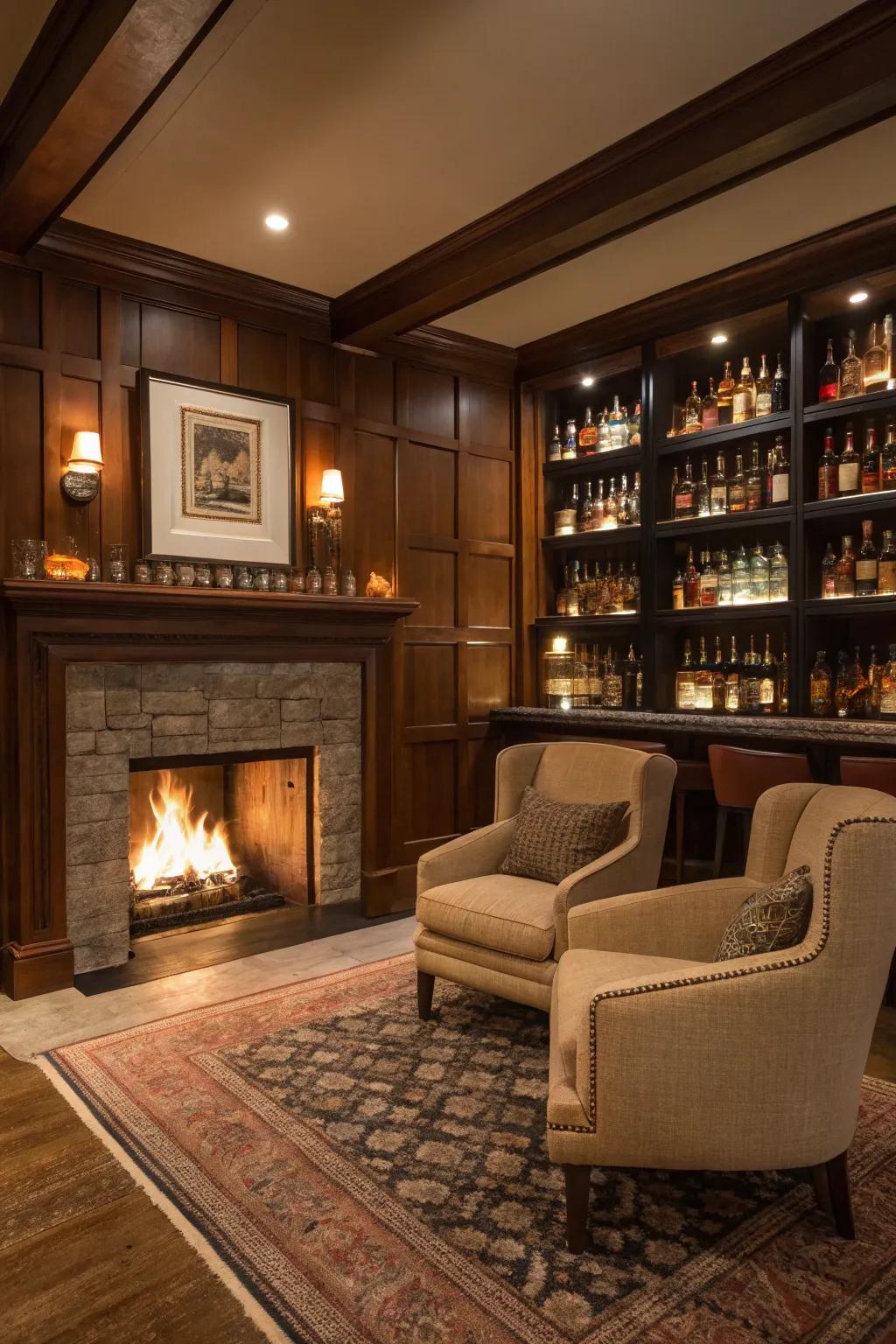 A fireplace serves as a cozy focal point in the spirits room.