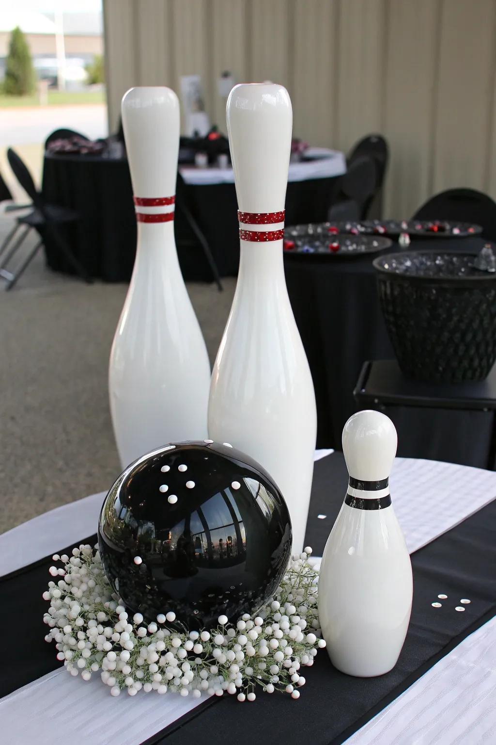 A refined black and white bowling-themed centerpiece for contemporary sophistication.