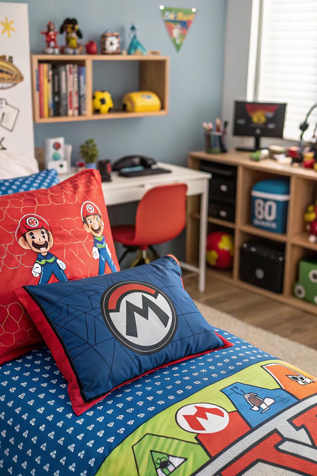 Linens with a gaming theme contribute a playful aspect to the space.