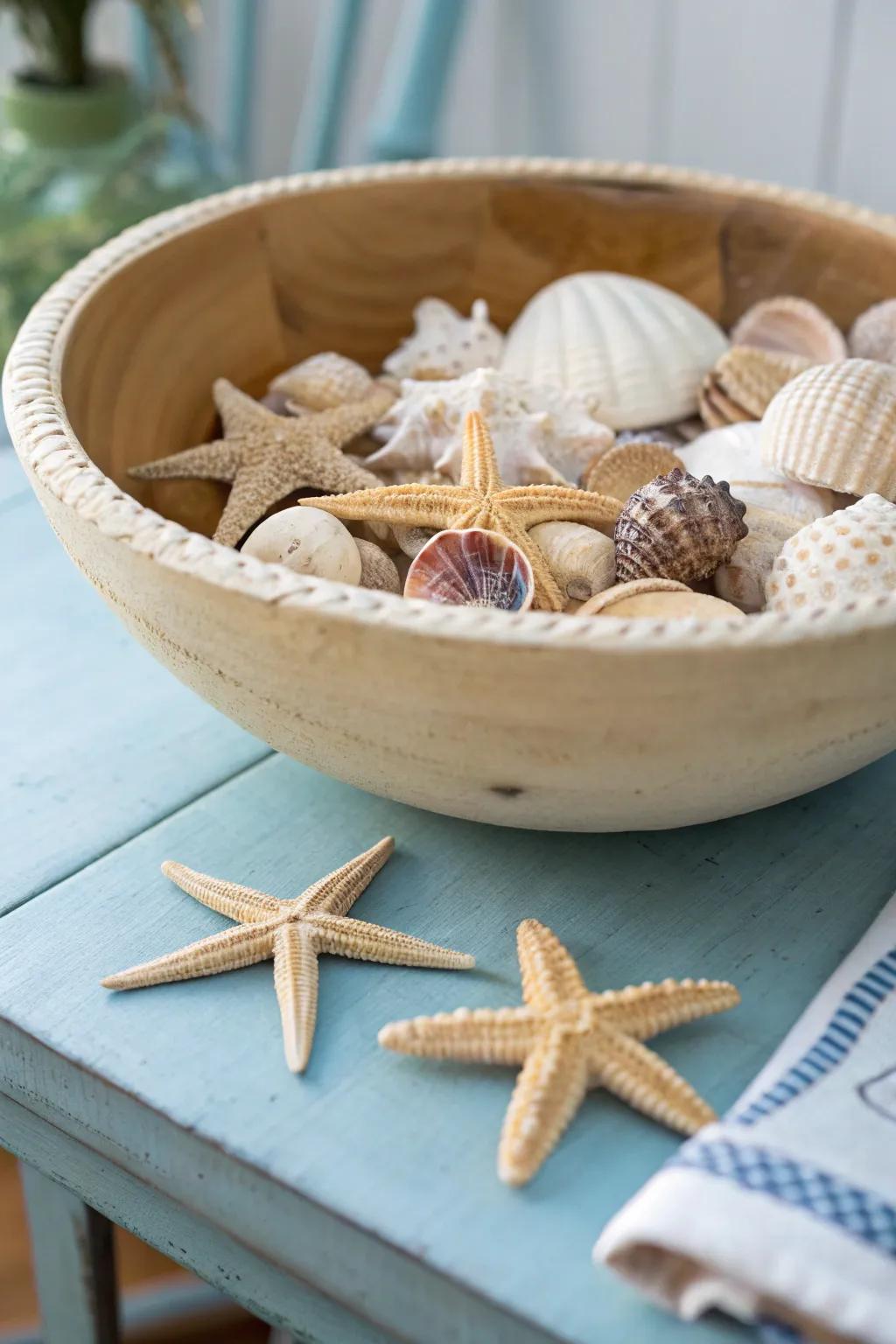 Bring the beach feel into your home using seashells and starfish