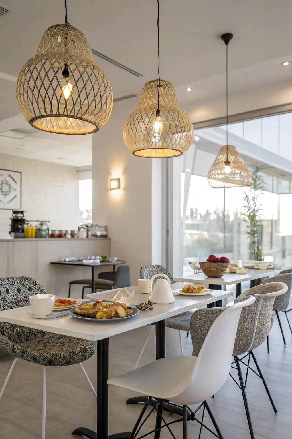 Creative light assemblies infusing flair into a breakfast area.