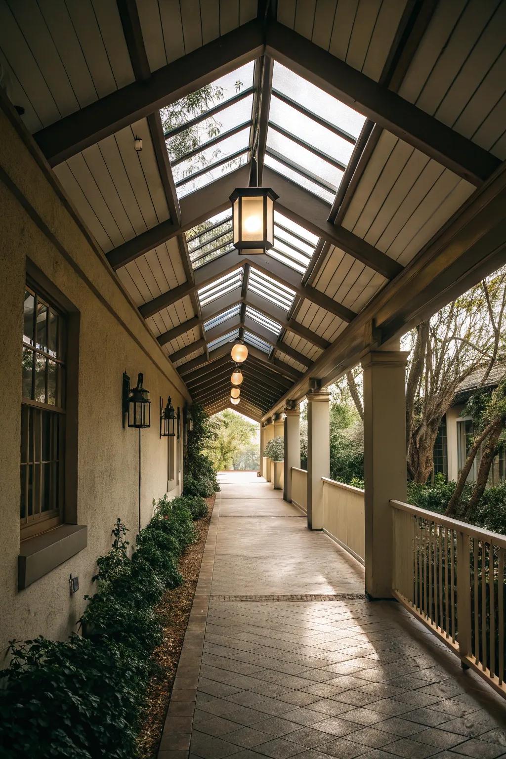 A covered breezeway with skylights that offers protection while remaining light-filled.