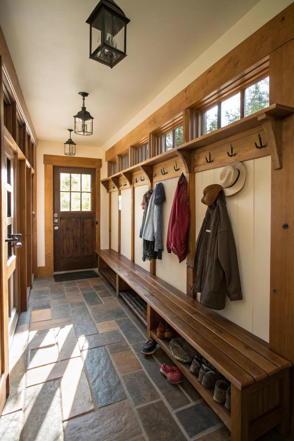 A practical mudroom configuration in the breezeway for optimal organization.