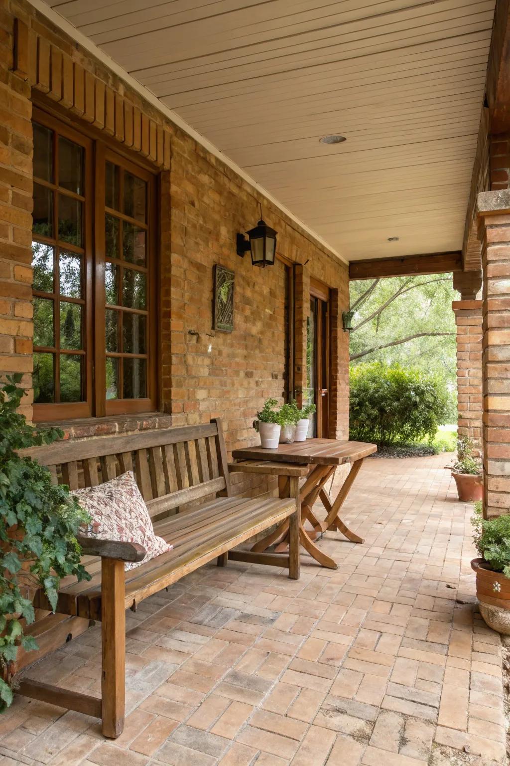 Wood and brick blend harmoniously on this inviting porch setting.