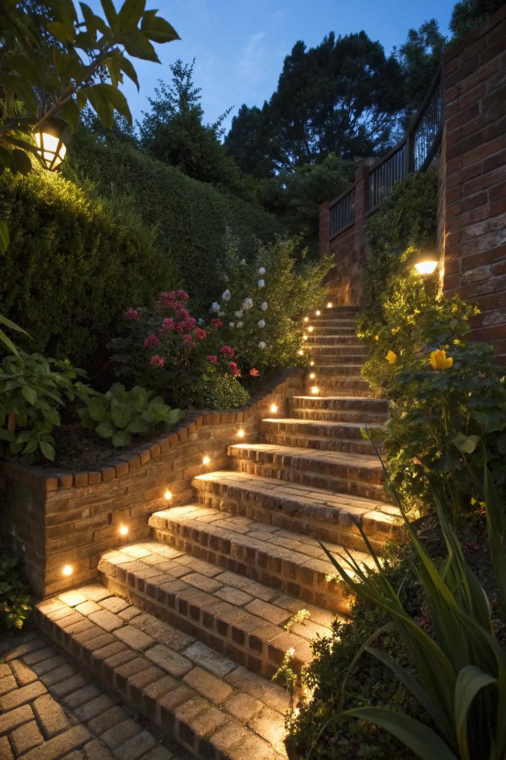 Illuminated brick steps producing a captivating evening setting.