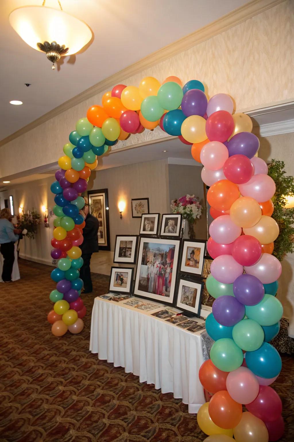Vibrant balloon structure encircling an image presentation.