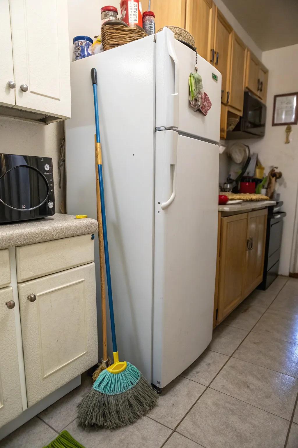 Utilize hidden spaces such as behind the refrigerator for storage.