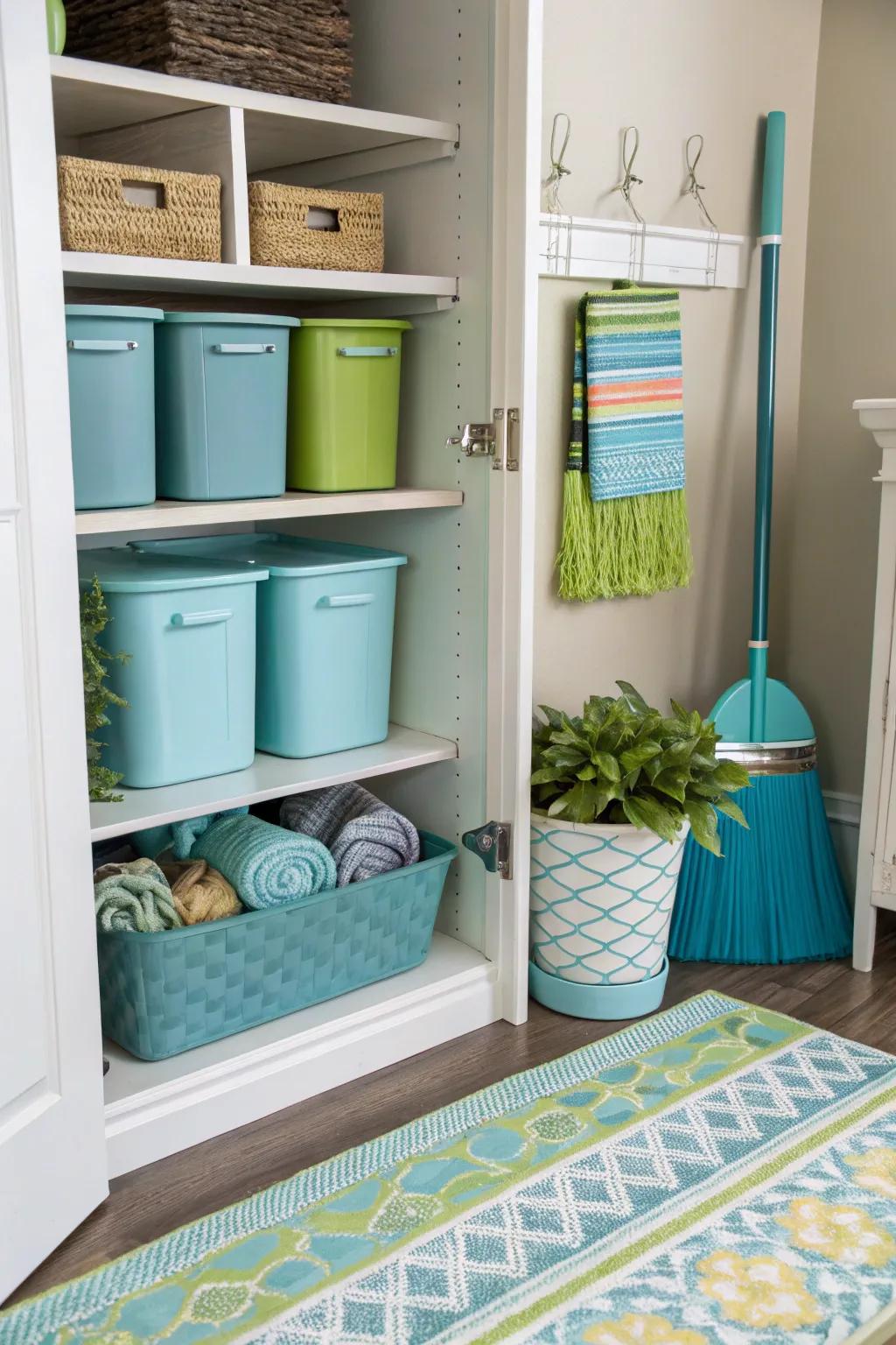 With colorful organizational tools, you can make your broom closet brighter.