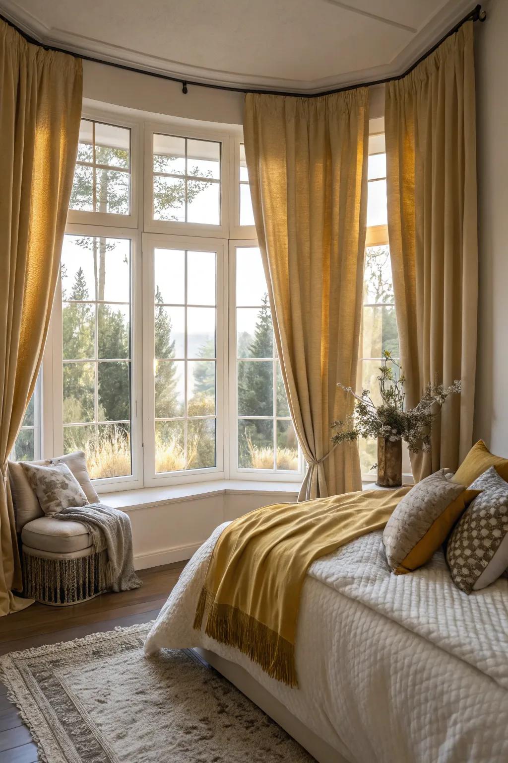 Gilded window coverings lend elegance and warmth to the space.