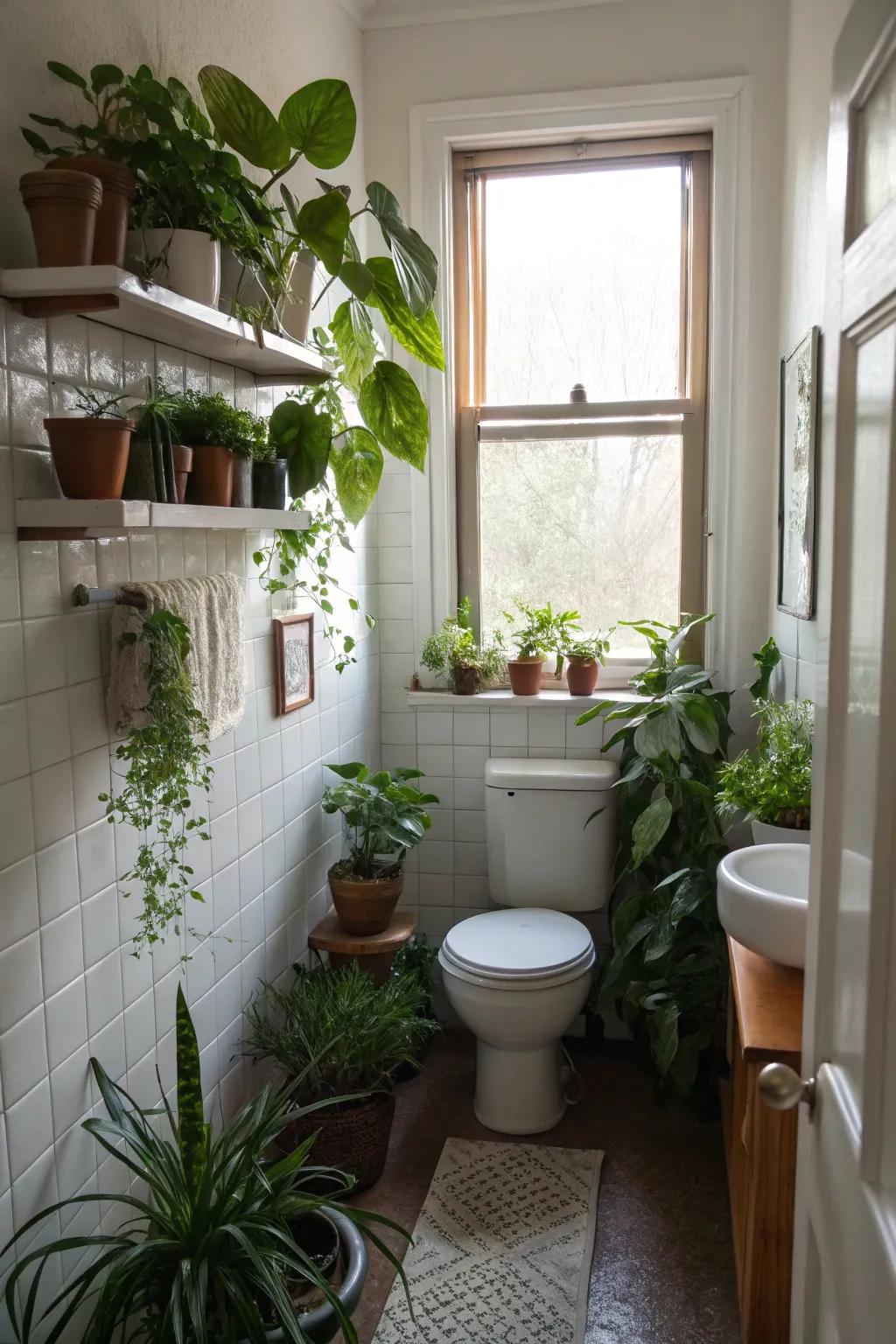 Indoor plants bring a natural and revitalizing feel to this small bathroom.