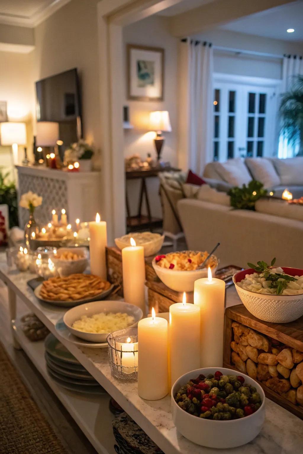 Candles radiate a warm, inviting light.