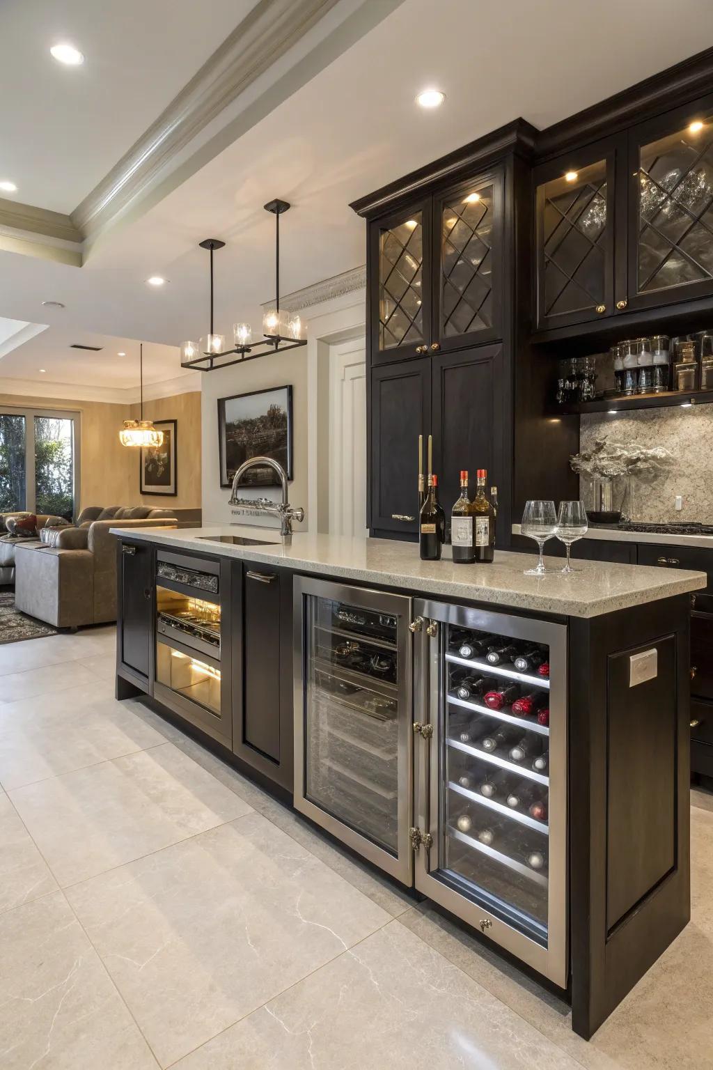 Integrated gadgets elevate the functionality of this stylish built-in bar.